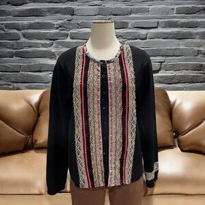 Chicos Black Silk Blend Cardigan Lace/Velvet Trim XL Boho Chic Retro Festival